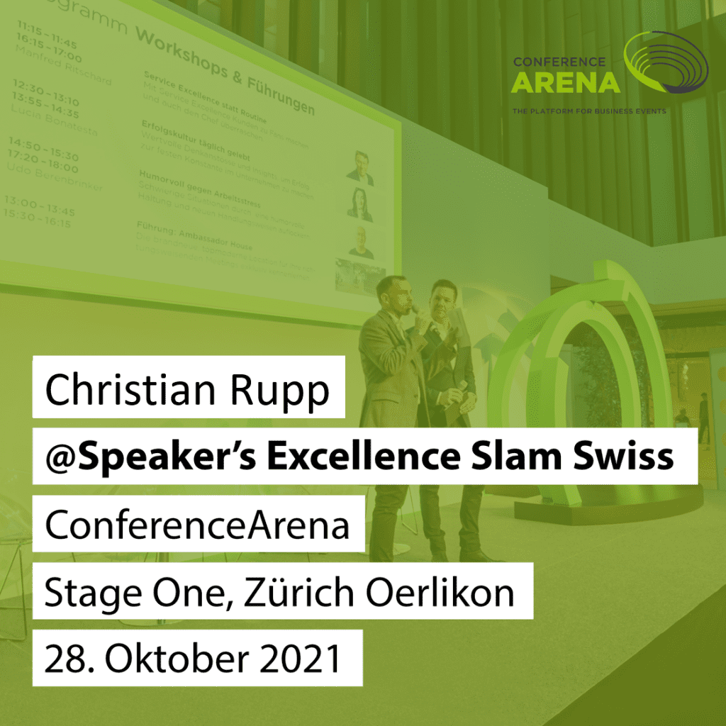 Christian Rupp auf der Bühne bei Conference Arena Speakers Excellence SLAM Zürich 2021