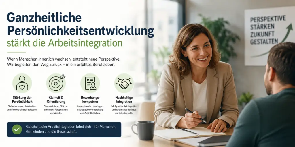 Ganzheitliche Arbeitsintegration und Persönlichkeitsentwicklung: Eine Coachin begleitet einen Teilnehmer in einem modernen Beratungsraum auf dem Weg zurück ins Berufsleben. Die Grafik symbolisiert Selbstvertrauen, Orientierung, Bewerbungskompetenz und nachhaltige Reintegration in den Arbeitsmarkt.
