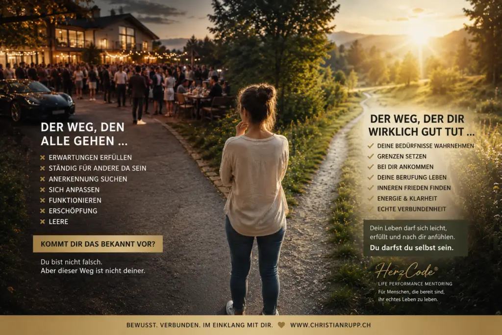 Person steht an einer Weggabelung und reflektiert über eigene Bedürfnisse, Grenzen und den Ausstieg aus People Pleasing zugunsten eines authentischen Lebens.