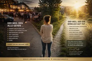 Person steht an einer Weggabelung und reflektiert über eigene Bedürfnisse, Grenzen und den Ausstieg aus People Pleasing zugunsten eines authentischen Lebens.